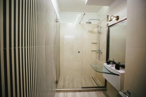 克卢日-纳波卡Briana Luxury Studio的带淋浴和玻璃水槽的浴室