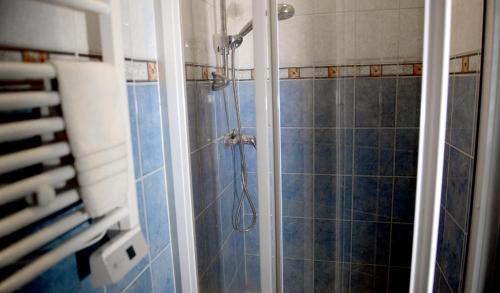 皮瑟兹诺Work & Sleep的浴室铺有蓝色瓷砖,设有淋浴。