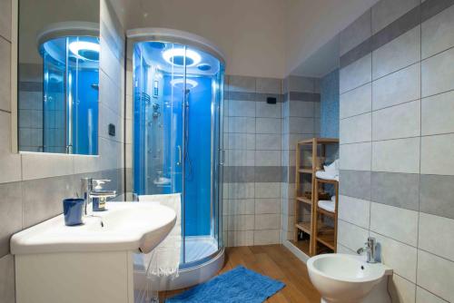 斯库索港柠檬树住宿加早餐酒店的浴室配有蓝色淋浴和盥洗盆