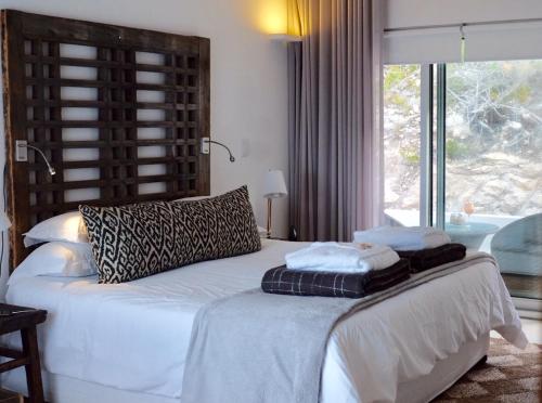 阿古拉斯厄加勒斯角海洋酒店的一间卧室配有一张带猎豹枕头的床