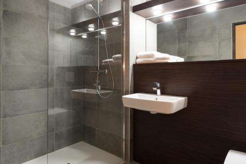 罗纳河畔的图尔农Hotel Les Amandiers的一间带水槽和淋浴的浴室