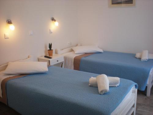 伊奥斯乔拉Armonia Pension的一间设有两张床铺和毛巾的房间