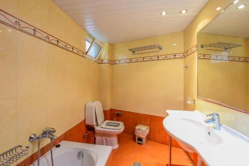 拉加纳斯Timos Hotel的一间带卫生间、水槽和镜子的浴室