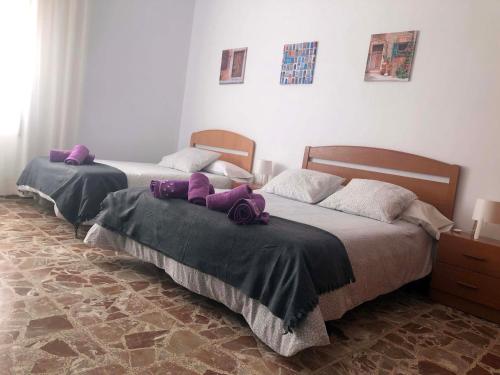 圣克莱门特Home Sancle的卧室内的两张床,配有紫色枕头