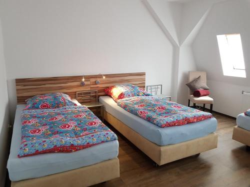 赖兴巴伊姆福格特兰Apartments Vogtlandblick的一间卧室设有两张床和木制床头板