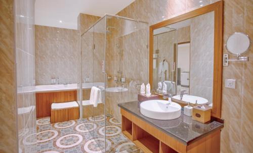曼德勒Sunset Palace View Suites的一间带水槽、淋浴和镜子的浴室