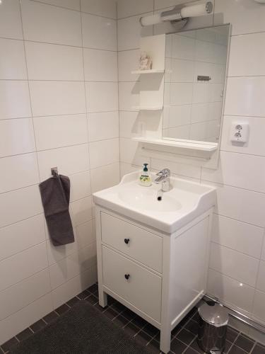 HedesundaHedesunda Bed & Breakfast的白色的浴室设有水槽和镜子