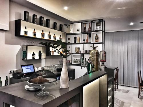 马里博尔Hotel Bajt Maribor的厨房设有吧台,在柜台上摆放着花瓶