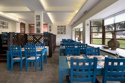 潘尼希特Hotel Temenuga的用餐室配有蓝色的桌子和蓝色的椅子