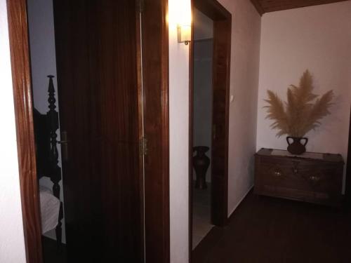 韦拉斯Residência Livramento的通往卧室的敞开门,卧室在梳妆台上种植植物