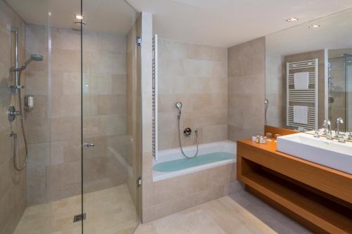 巴德瓦尔特斯多夫Spa Resort Styria- ADULTS ONLY的带淋浴、盥洗盆和浴缸的浴室