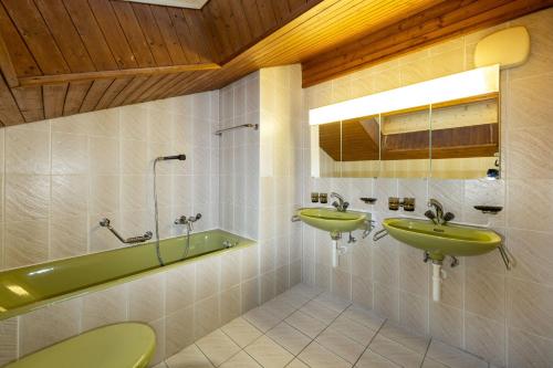 格雷兴Fortuna Dachgeschoss的浴室配有两个绿色水槽和一个浴缸。
