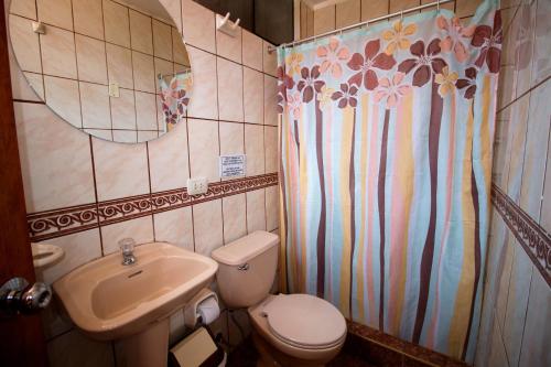 库斯科Wake Up Cusco的浴室配有水槽、卫生间和浴帘