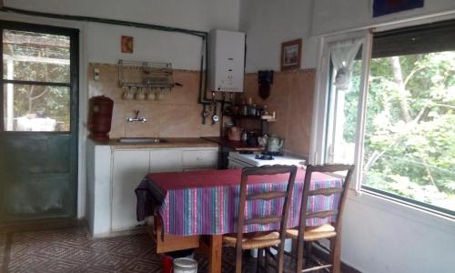 里奥塞瓦约斯Habitación en Casa Las Dos Nenas的厨房配有桌子、两把椅子和炉灶。