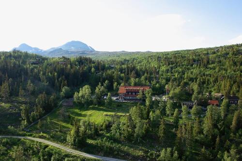 TuddalTuddal Høyfjellshotel的森林中间房屋的空中景观