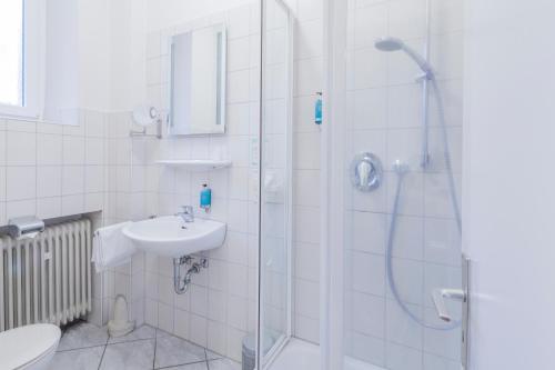 弗莱堡阿利豪斯酒店的带淋浴和盥洗盆的浴室