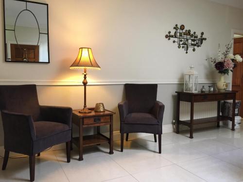 亚达尔Abbeyvilla Guesthouse Room Only的一间等候室,配有两把椅子和一盏灯