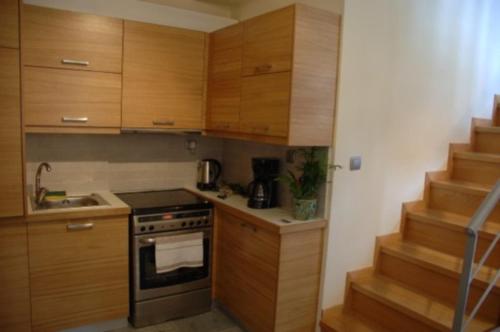 卡兰巴卡Thalia Rooms的厨房配有木制橱柜和炉灶烤箱。
