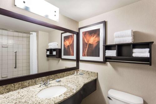 里贾纳温德姆里贾纳温盖特酒店的一间带水槽、卫生间和镜子的浴室