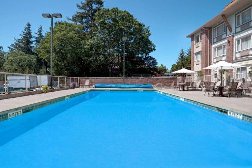 维多利亚Holiday Inn Victoria - Elk Lake, an IHG Hotel的一座大型蓝色游泳池,位于大楼旁边