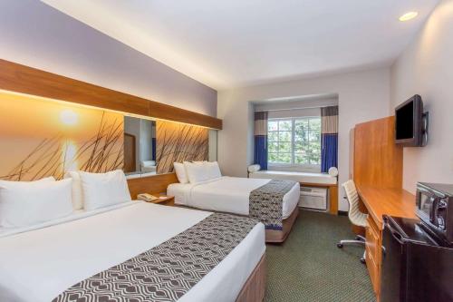 夏洛特港Microtel Inn & Suites by Wyndham Port Charlotte Punta Gorda的酒店客房配有两张床和一张书桌