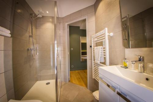圣阿弗里克Hotel Le Pont Neuf的带淋浴、卫生间和盥洗盆的浴室