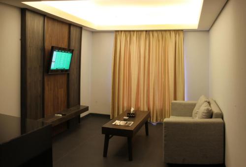 塞米亚克巴厘岛水明漾平酒店的带沙发和电视的客厅