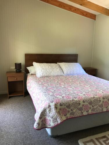 奥尔诺皮伦Rincón del Gaucho的一间卧室配有一张带粉色和白色毯子的床
