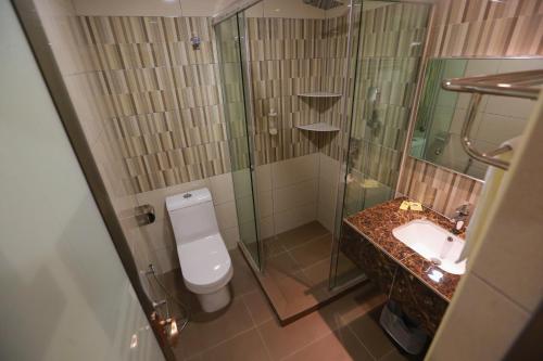 关丹帕泰瑞格酒店的带淋浴、卫生间和盥洗盆的浴室
