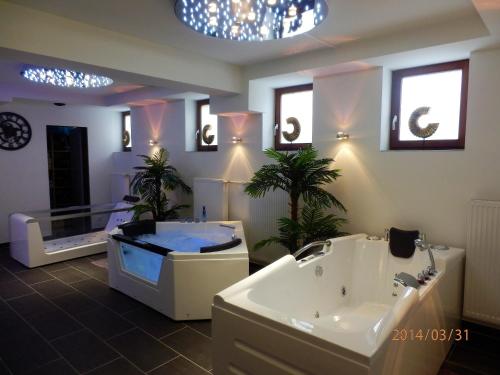 巴特特尔茨里昂德福酒店的带浴缸和浴缸的大浴室。