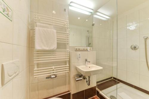 纽伦堡毕胡法旅馆酒店的白色的浴室设有水槽和淋浴。