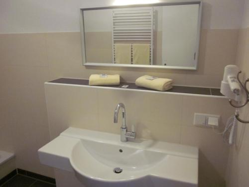 杜塞尔多夫瓦尔德斯鲁酒店的一间带水槽和镜子的浴室