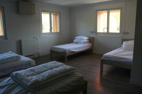 托隆Domaine de Maravant - Centre de vacances的带三张床和两扇窗户的房间