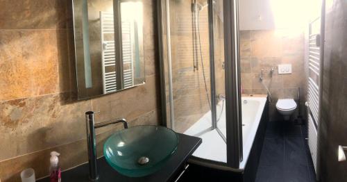 加尔米施-帕滕基兴Yeti Lux - Panoramic Loft的一间带水槽、淋浴和卫生间的浴室