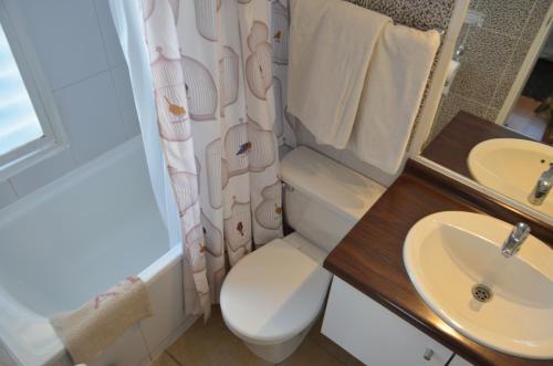 圣地亚哥阿莫布拉多斯和平公寓酒店的浴室配有卫生间、盥洗盆和淋浴。