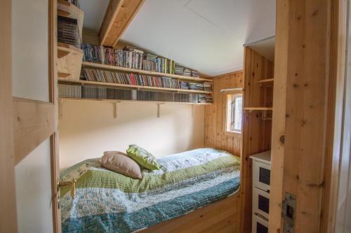 芬斯内斯Midt Troms Perle的小房间设有一张小床和书架