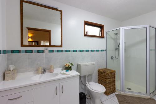 拉罗汤加特阿瓦海滩度假屋的浴室配有卫生间、盥洗盆和淋浴。