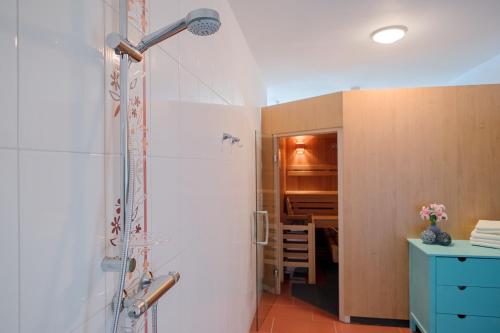 吕本Hotel & Restaurant Lindengarten的浴室设有蓝色橱柜和淋浴间