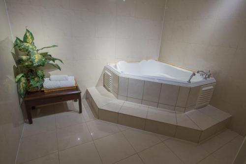 桑德贝亚瑟王子海滨酒店及套房的带浴缸的浴室,种植了盆栽植物