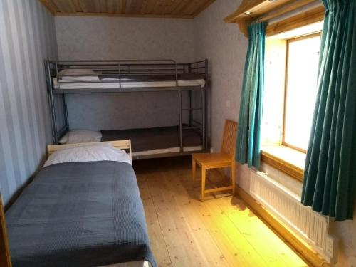 VikarbynKramer Stugan的一间卧室设有两张双层床和一扇窗户。