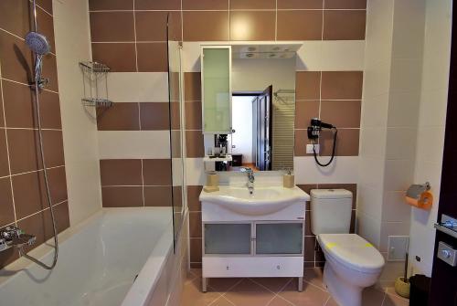 斯兰默多瓦Vila Moldavia Class的一间带水槽、浴缸和卫生间的浴室