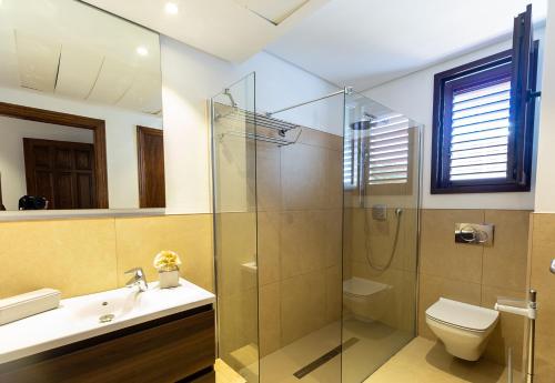 圣何塞Can Bernadet的带淋浴、卫生间和盥洗盆的浴室