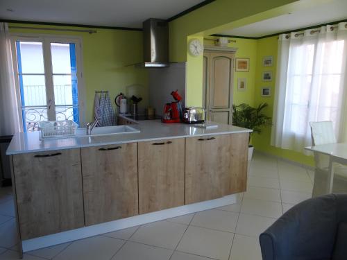 耶尔Appartement T2 50m² vue mer Presqu'il de Giens. RC的厨房设有木制橱柜和绿色的墙壁
