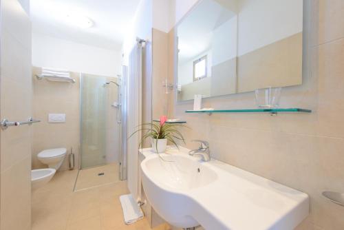 里米尼斯皮纳里酒店的一间带水槽、淋浴和卫生间的浴室