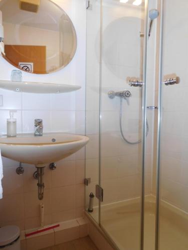 布尔格韦德尔Arkadia Hotel的一间带水槽和淋浴的浴室