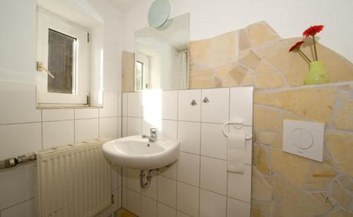 MittelndorfBergoase Hütte und Hostel Sauna Kamin Lagerfeuer的白色的浴室设有水槽和窗户。