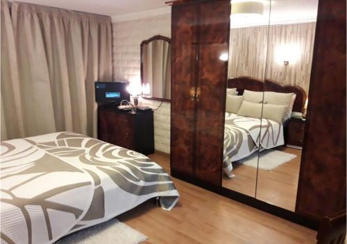 卡萨布兰卡Studio les Belles Residences的一间卧室配有一张床、镜子和一张四柱床