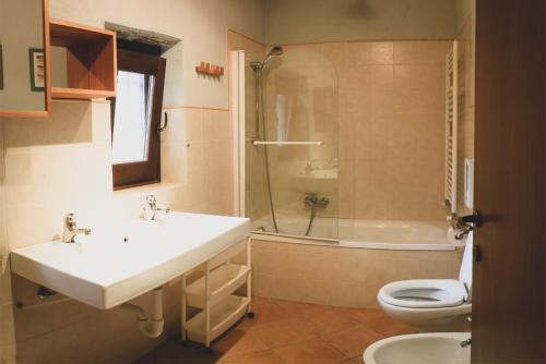 福萨诺Agriturismo Fiori di Zucca的一间带水槽、卫生间和淋浴的浴室