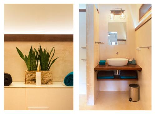 克拉伦代克Kas Despacito的浴室的两张照片,浴室里装有水槽和植物
