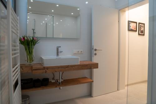 因斯布鲁克Traditionell-modernes Haus in Hötting的一间带水槽和镜子的浴室